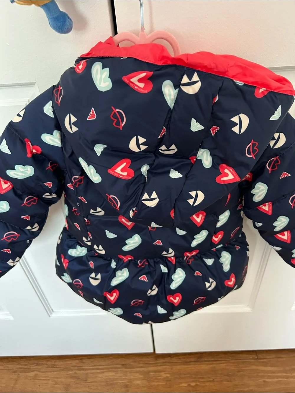 Emporio Armani Navy Puffer Jacket with Heart Print